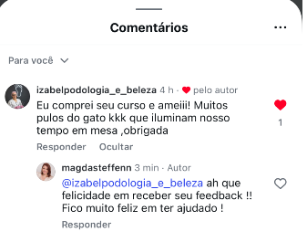 Comentário da aluna Izabel sobre o curso, com resposta da Magda Steffenn