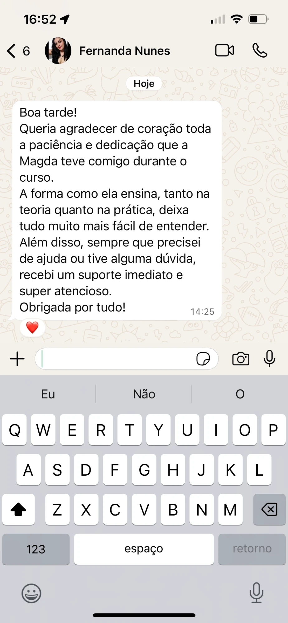 Print da mensagem de WhatsApp de Fernanda Nunes agradecendo a Magda